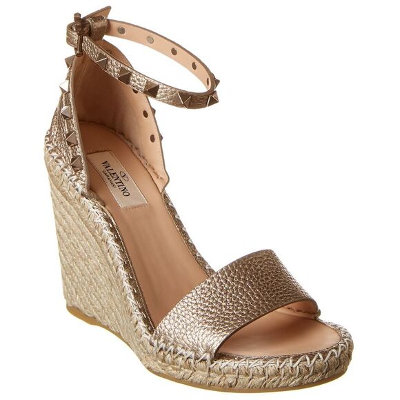 Valentino Shoes - Valentino Rockstud 100 Grainy Leather Wedge Sandal, Metallic
